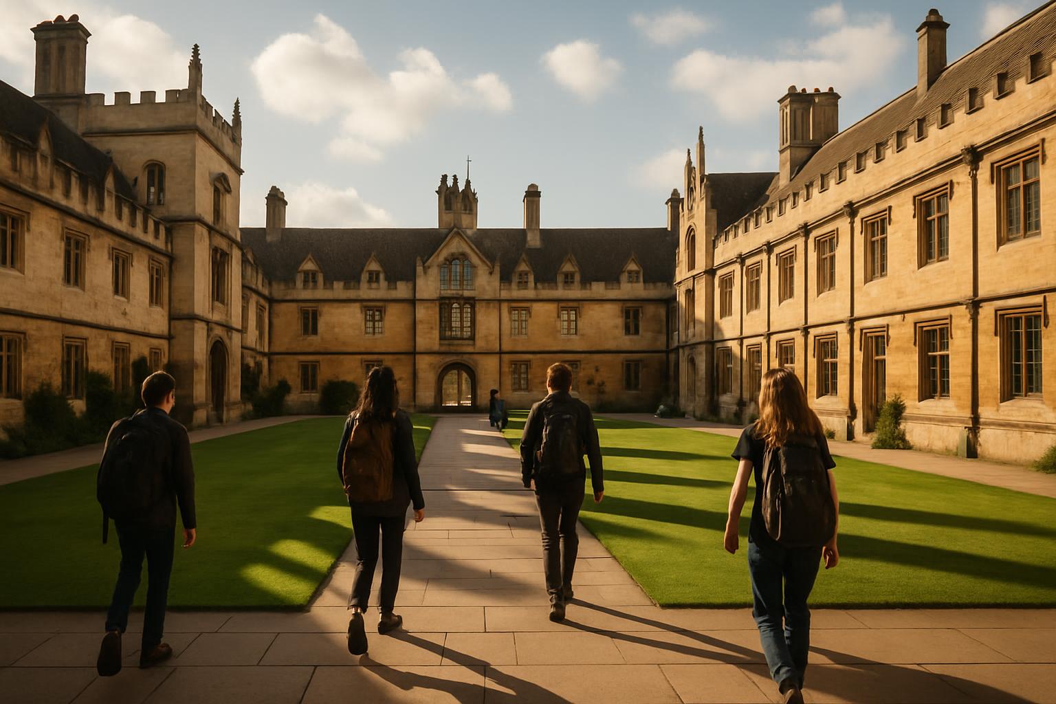 Historic British university quadrangle with stone buildings