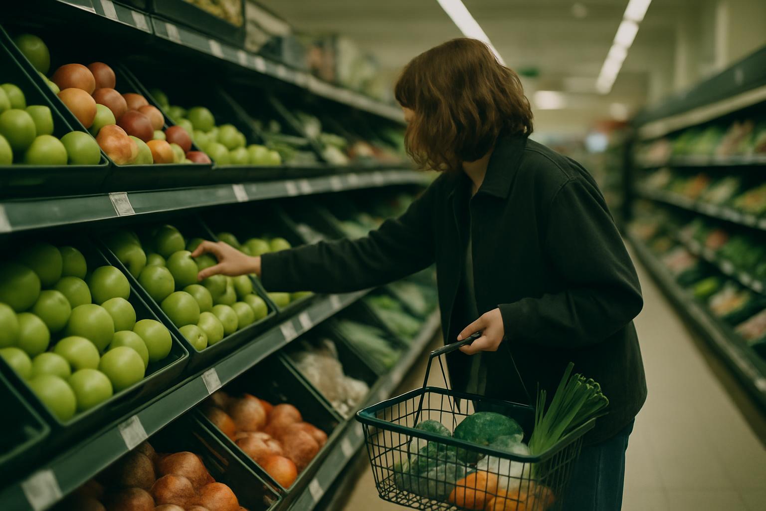 Fresh produce aisle in a British supermarket